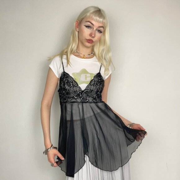 L - Vintage Papillon Blanc Glittered Top - Picture 1 of 4